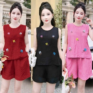 Set Bộ Nữ, Áo Sát Nách Hình Thêu Tay Hoa Nhí, Quần Đùi Có Túi Chất Vải Đũi Mềm Mịn Thoáng Mát -A7