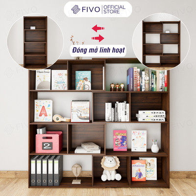 [Freeship Toàn Quốc] Kệ Sách Decor Đa Năng 4 Tầng Màu Walnut FIVO Mã FB71, Đóng Mở Linh Hoạt, Thay Đổi Kiểu Dáng