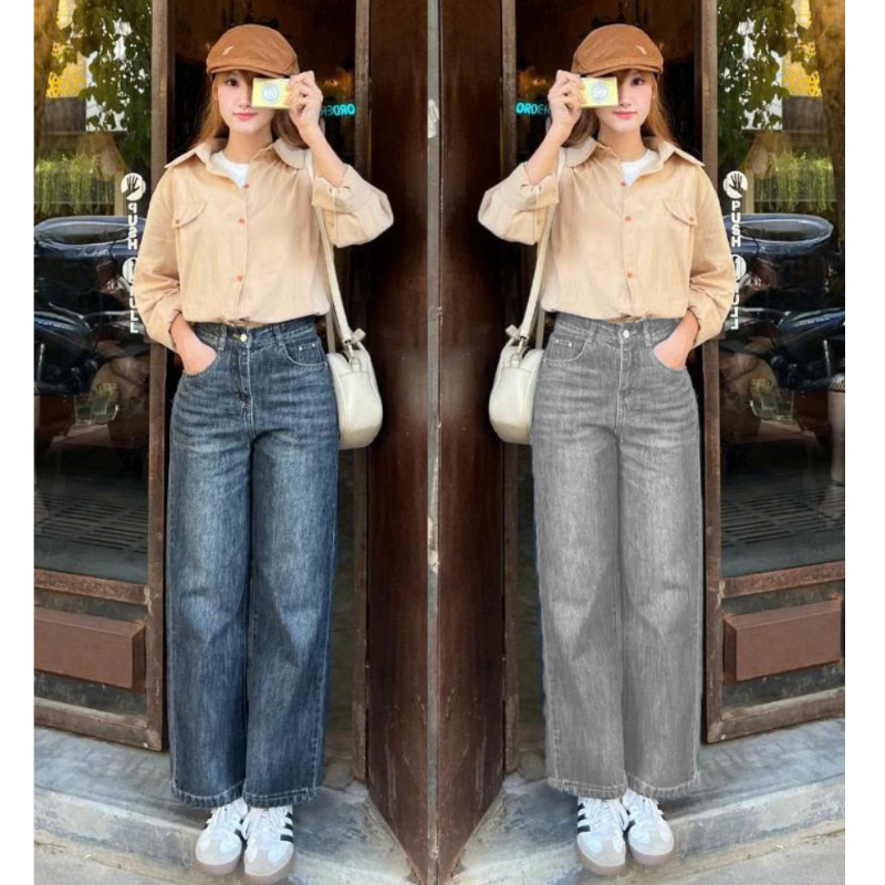 Quần jeans bò nữ ống suông rộng Meisy màu đen than dáng suông trơn chất không co giãn phong cách Hàn Quốc