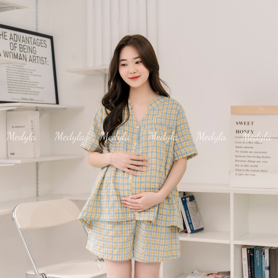 Bộ Đồ Bầu Cổ Tàu MEDYLA Chất Liệu Caro Labee Có Khóa Kéo Cho Cho Con TuTi- MED021