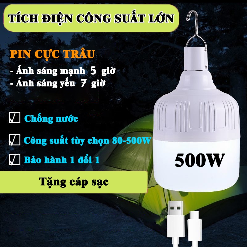 Đèn treo tích điện 80W 280W 500W , đèn LED tích điện, bóng đèn tích điện sạc pin trâu đa năng kháng nước, tặng cáp sạc