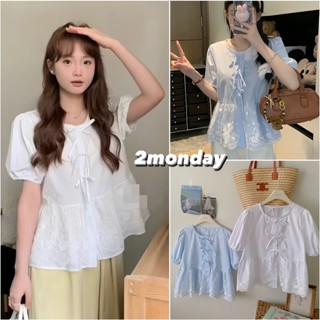 [VIDEO/ SẴN] ÁO SƠ MI CỔ TRÒN VIỀN REN TAY NGẮN BUỘC THẮT NƠ HOA THÊU 2MONDAY A65