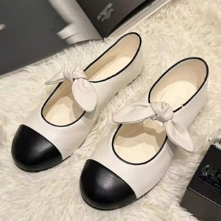 [ HÀNG SẴN] Giày bệt búp bê mũi tròn giày mary jane màu đen và trắng phong cách tiểu thư