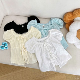 Áo kiểu nữ trễ vai nhún chun phối viền ren, áo croptop nữ buộc nơ nhiều màu Salavi N2 078