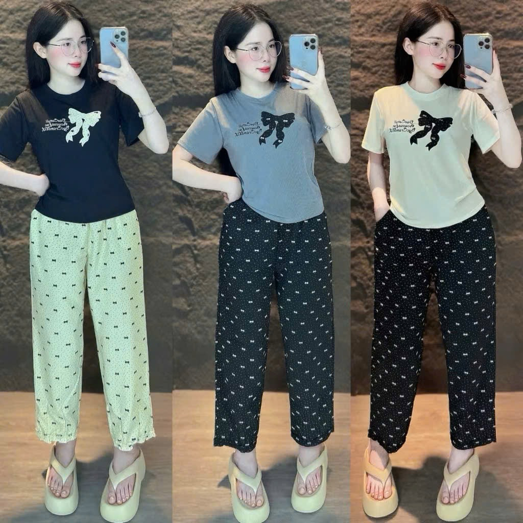 Set Áo Nơ Jean Tay Bèo Quần Baggy Viền Ren - Hn closet