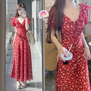 Váy cổ V dáng dài hoa nhí phong cách tiểu thư hàn quốc  - V155