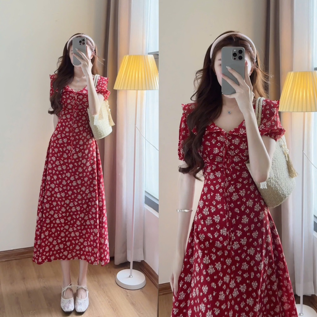 Váy cổ V dáng dài hoa nhí phong cách tiểu thư hàn quốc  - V155 | BigBuy360 - bigbuy360.vn