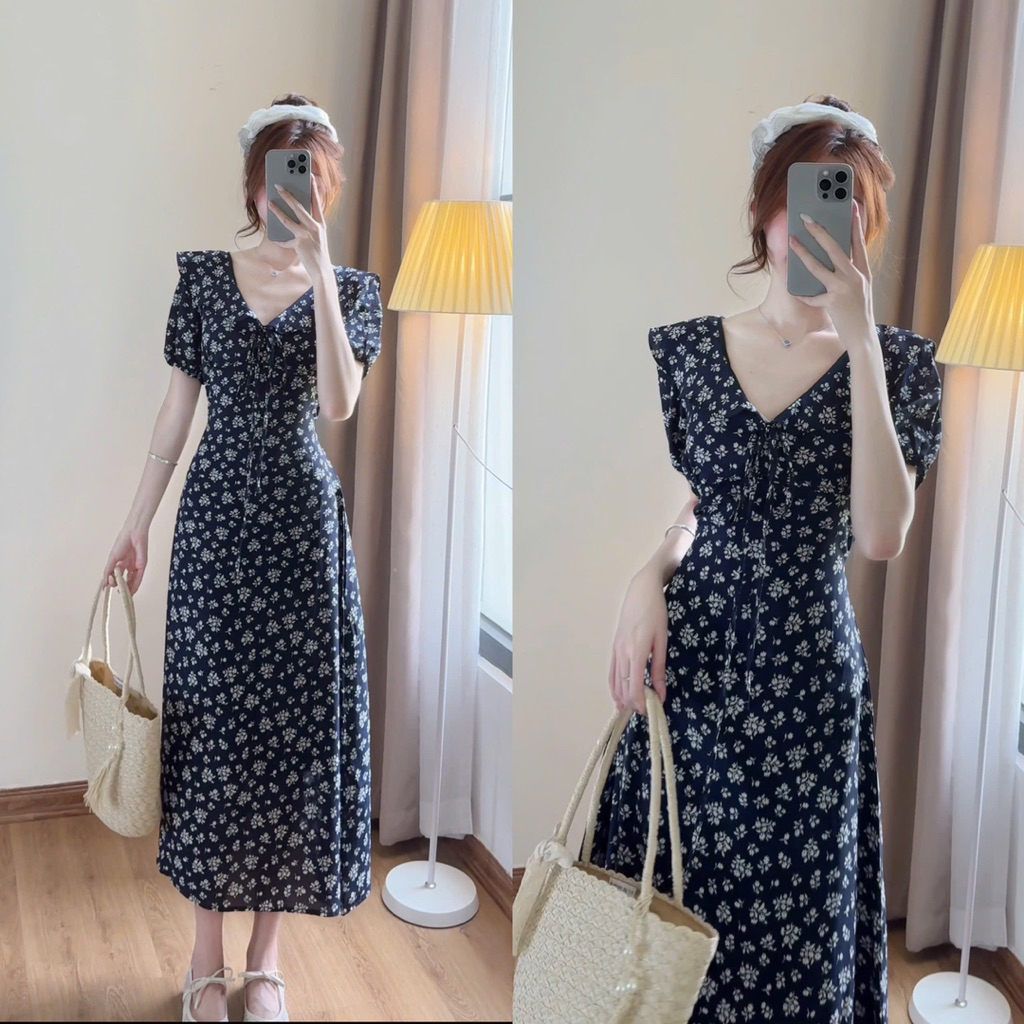 Váy cổ V dáng dài hoa nhí phong cách tiểu thư hàn quốc  - V155 | BigBuy360 - bigbuy360.vn