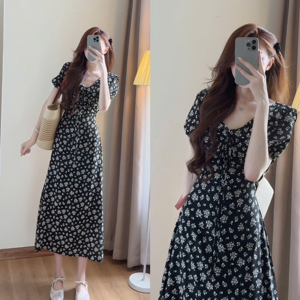 Váy cổ V dáng dài hoa nhí phong cách tiểu thư hàn quốc  - V155 | BigBuy360 - bigbuy360.vn