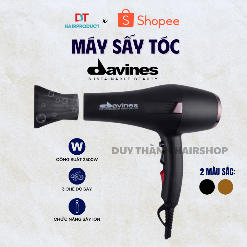 Máy Sấy Tóc DAVINES 2500W - Ổ Cắm 2 Chân, Công Suất Mạnh, Sấy Nhanh, Dùng Cho Salon & Gia Đình.