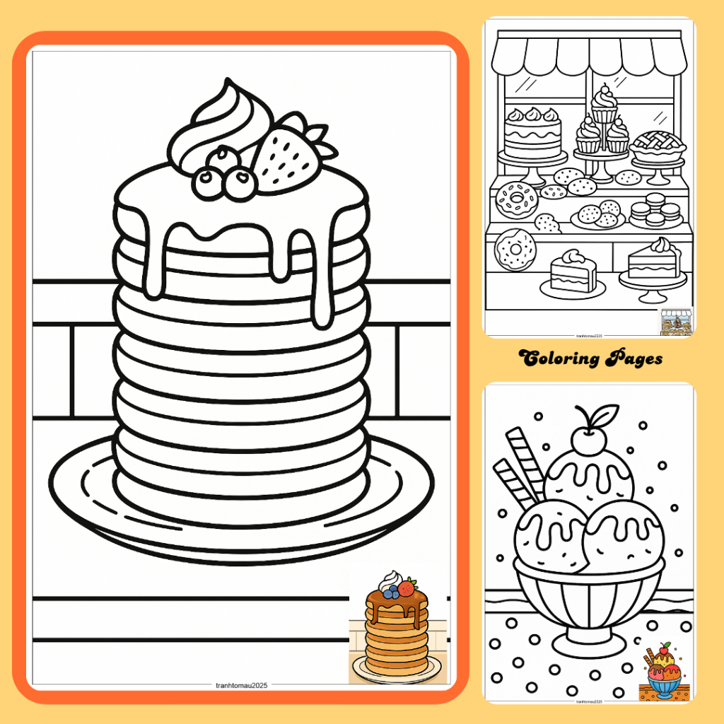 Bộ 24/15/10 tờ tranh tập tô theo màu cho bé hình bánh tráng miệng Dessert, giấy A4 160gsm, 70gsm DS5