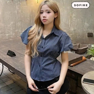 Áo Sơ Mi Tay Bồng Chiết Eo Phối Dây SOFIRE, Áo Kiểu Babydoll Chất Linen Sọc Phong Cách Tiểu Thư-A243