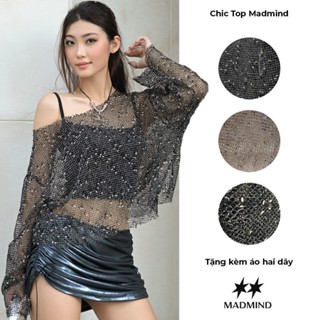 [ TẶNG ÁO 2 DÂY ] MADMIND Áo Lưới Nữ Trễ Vai Tay Dài Kiểu CHIC TOP -Áo Đi Biển Lệch Vai Mùa Hè Màu Đen / Nâu / Xám