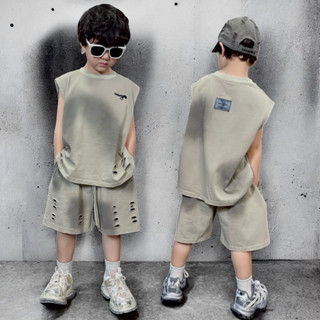 BABYBUYvip - 5111-bộ quần áo sát nách rách màu ghi be loang