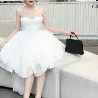 Đầm nữ thời trang mặc đi chơi đi tiệc chất lưới hở vai phối hai dây váy họa tiết bèo tầng dáng xòe maxi xoè dễ thương