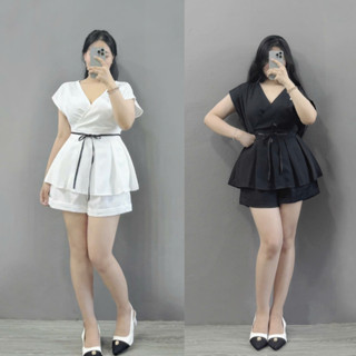Set vest đùi bigsize nữ áo cổ chéo tà xòe xếp ly tay hến quần đùi vải cotton lạnh mịn mát - SET68