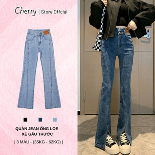 Quần jean nữ ống loe cạp cao xẻ gấu trước co giãn CHERRY quần bò nữ ống loe xẻ giữa lưng cao T068