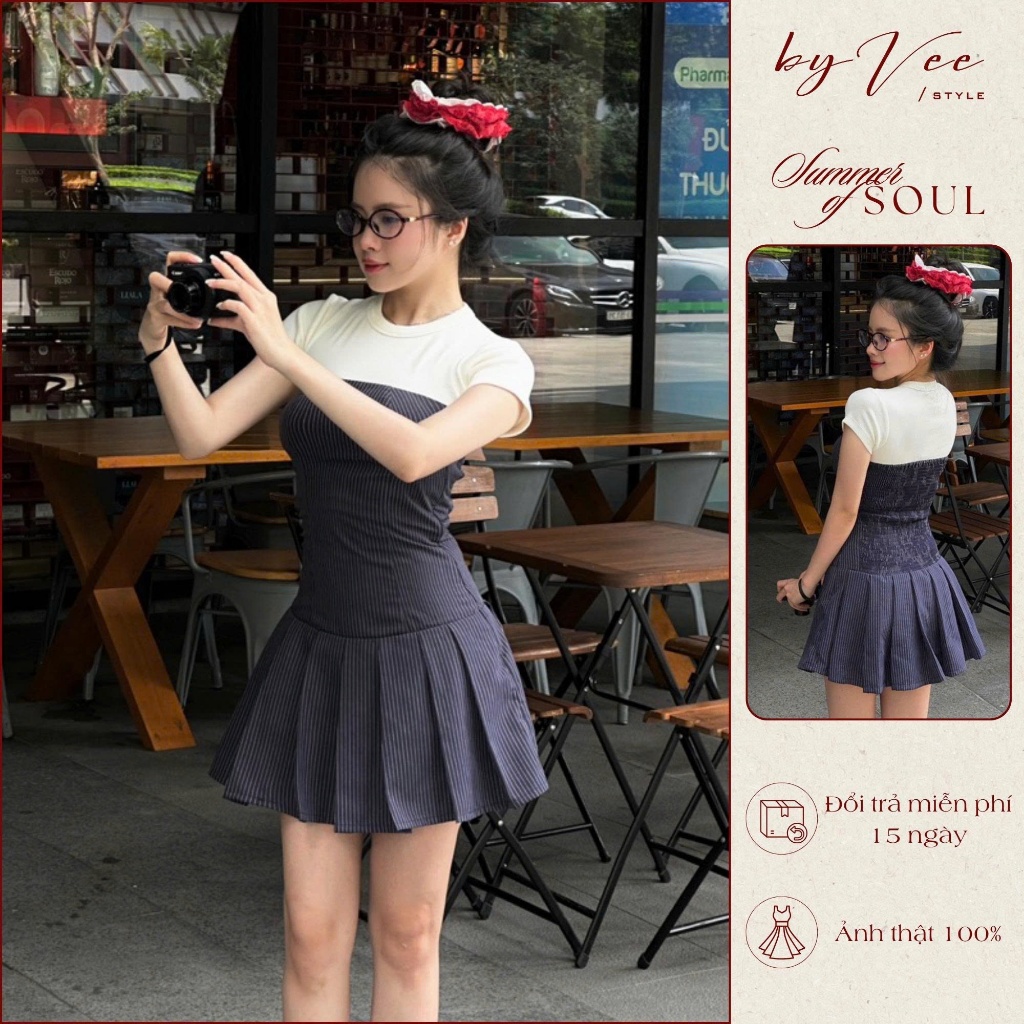 Đầm Cúp Ngực Dáng Ngắn ByVeeStyle, Váy Sọc Xanh Có Mút Ngực Dáng Xếp Ly Xòe Nhẹ Tôn Dáng | BigBuy360 - bigbuy360.vn