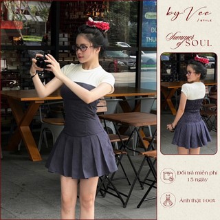 Đầm Cúp Ngực Dáng Ngắn ByVeeStyle, Váy Sọc Xanh Có Mút Ngực Dáng Xếp Ly Xòe Nhẹ Tôn Dáng