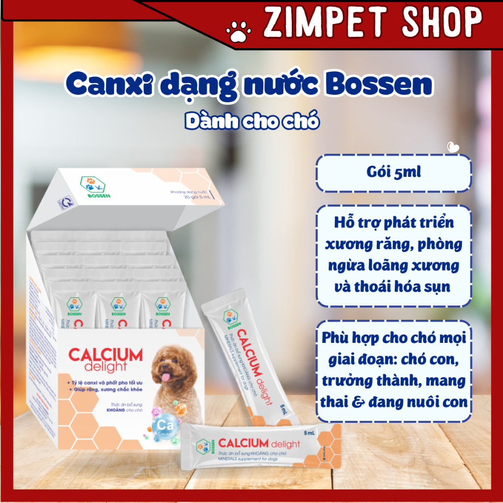 Canxi Dạng Nước Cho Chó Bossen Calcium Delight – Hộp 20 Gói