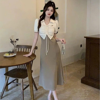 (Sẵn L)Váy Đầm Bigsize Ngực Nhún Rút Dây Tôn Eo Tay Bồng Phối Màu Tiểu Thư Nữ Tính🌸Hàng Quảng Châu