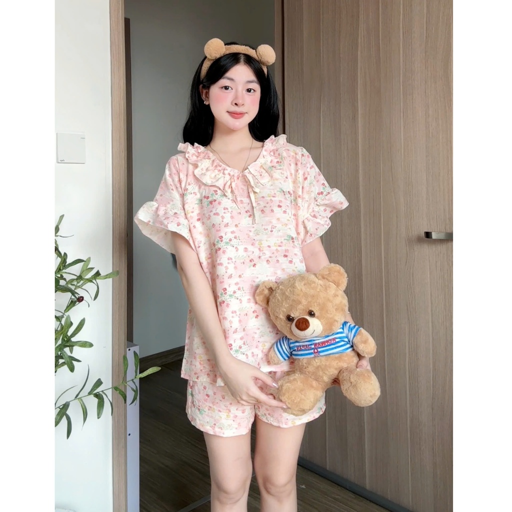 Kozoda Bộ Ngủ Đũi Vân Mây BN42B Họa Tiết Hoạt Hình Cute Dễ Thương Size Thoải Mái Mặc Ở Nhà Đi Chơi