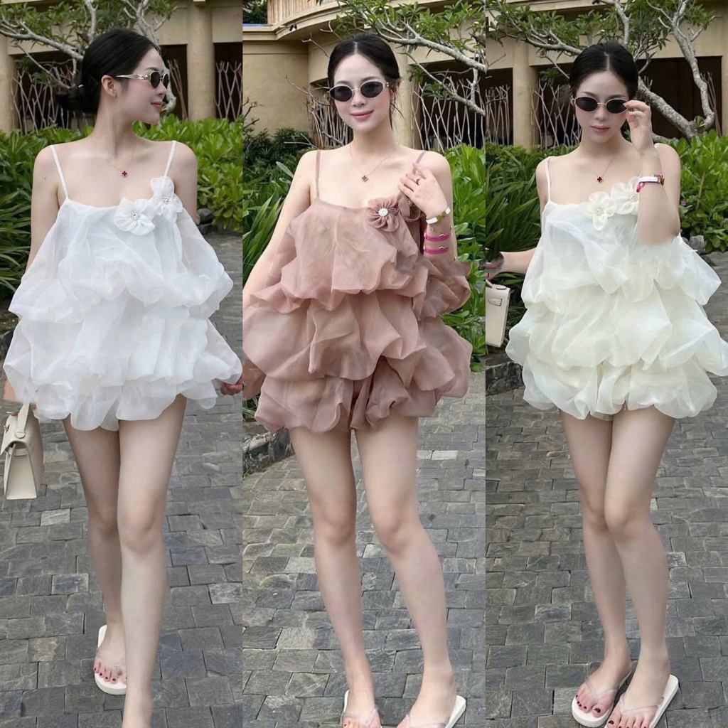 Set Tơ Boom 2 Lớp: Áo 2 Dây Đính Hoa  Tơ Nhụy Đá Mix Quần Boom Cạp Chun 3 Màu Chanh Sả (Ảnh Thật Trả