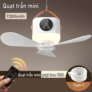  Quạt trần mini quạt treo USB có đèn LED chiếu sáng 3 mức độ điều khiển từ xa 4 mức độ gió Quạt cắm trại ký túc xá 