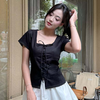 Áo Kiểu Linen Sơ Mi Nữ Cổ Vuông Cúc Bọc Mix Dây Buộc Mùa Hè Kimee - KA579