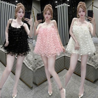 Đầm váy nữ babydoll tiểu thư cực sang, đầm babydoll voan lưới 2 dây kèm phụ kiện bông dáng ngắn có lót 3 màu xinh yêu