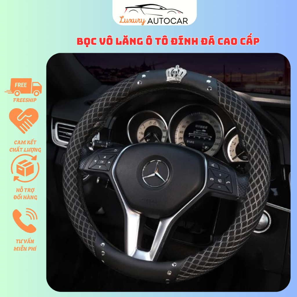 (cực sang ) Bọc vô lăng ô tô đính đá Cao Cấp gắn Vương Miện Cao Cấp - Luxury autocar