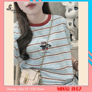 Áo Phông Nữ Kẻ Xanh Kẻ Xanh Chim Cánh Cụt Dễ Thương Hàng QC Minxu Shop Mã TA01