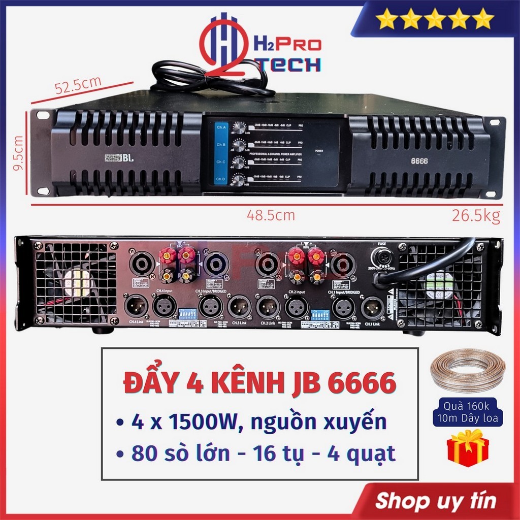 Đẩy 4 Kênh Công Suất Lớn JB 6666 80 Sò Lớn 4x1500W 16 Tụ - Nguồn Xuyến, Đẩy 4 Kênh Karaoke Cao Cấp