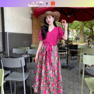 Set bộ áo 1 màu mix chân váy hoa dáng dài kiểu dáng trẻ trung năng động Evafashion