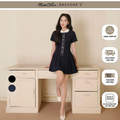 MissChic by BBSTORE'S Đầm Dạo Phố Ngắn Cotton Tùng Xếp Li Cổ Lá Sen Phối Viền Trắng - D4351A