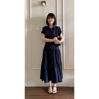 Váy sơ mi dáng xòe tầng chất thô nếm, đầm dáng dài kèm đai cài xinh, cách điệu chân váy phong cách công sở trẻ trung