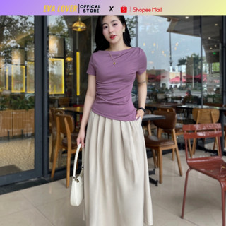 Áo Thun Nữ Lệch Vai Evalover – Nhún Eo Gấu Vát, Vải Cotton Co Giãn 4 Chiều