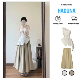 Set Áo Lệch Vai Kẻ Sọc Mix Chân Váy Dài Xòe Nữ Tính Thiết Kế Cao Cấp, Phong Cách Hàn Quốc