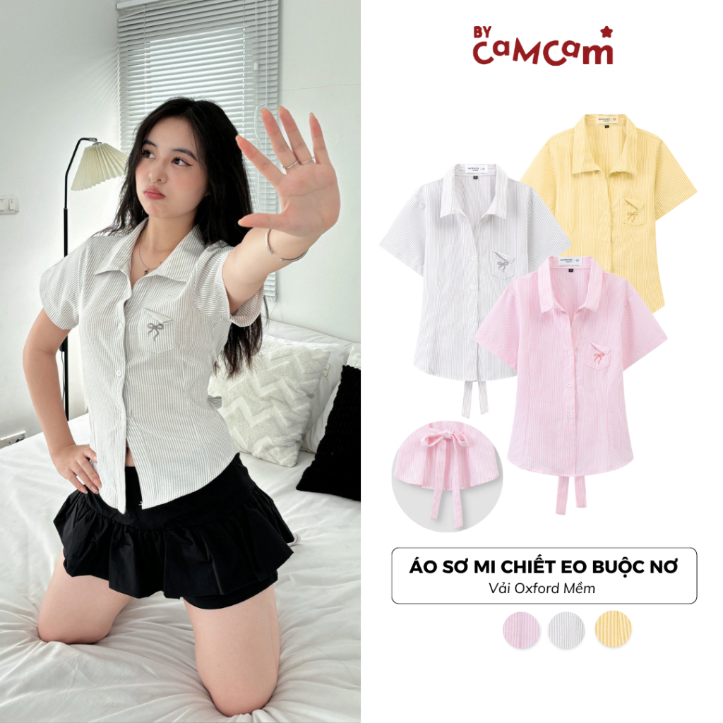 Áo Sơ Mi Chiết Eo 𝑩𝒚𝒄𝒂𝒎𝒄𝒂𝒎 Buộc Nơ Có Túi Ngực Dành Cho Nữ Phong Cách Hàn Quốc AMN004