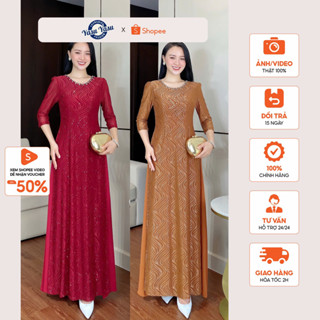  Áo Dài Trung Niên Chất Liệu Ren Lưới Lót Thun Cùng Màu – Cổ Đính Đá Sang Trọng Cao Cấp – Tặng Mẹ Dự Tiệc Đi Chơi 