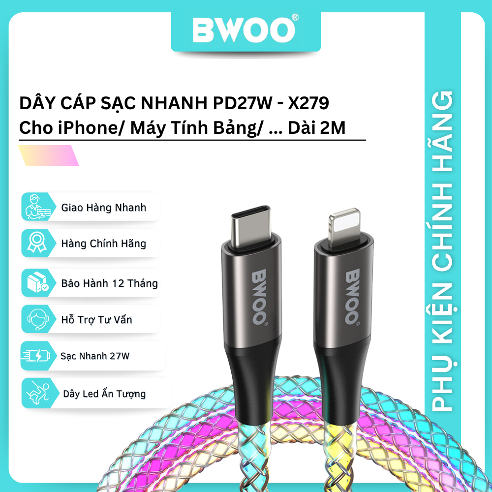 Dây cáp sạc nhanh Bwoo Type C to Li cho iPhone PD27W & Type C to C PD65W | Dây Đèn Led