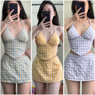  Set Váy Caro Croptop cổ yếm hở lưng cột dây đi biển đi chơi siêu xinh quần lót mềm mịn mút ngực 