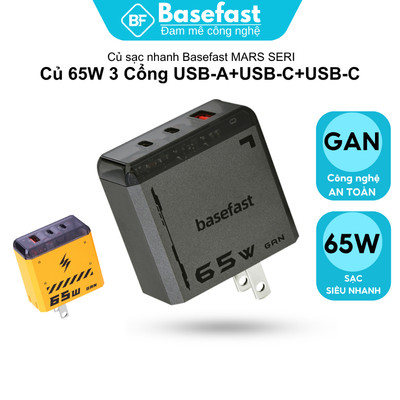 Củ sạc nhanh 65W 3 cổng Basefast Công nghệ GAN cho Samsung Mac Laptop Huawei