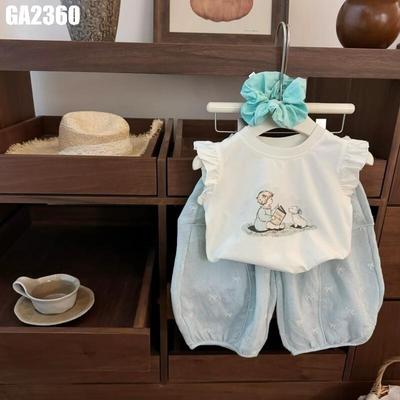 Set Áo Thun Tay Ngắn Trắng Quần Dài Họa Tiết Nơ Ren Bé Gái 1-7 Tuổi MINTSCLOSET Quảng Châu - GA2381