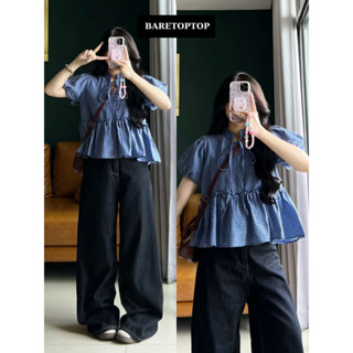 BARE_Áo Babydoll Nữ Tay Bồng Buộc Nơ Dáng Rộng Xòe Chất Thô Kẻ Mát, Áo Kiểu Nữ Tính_A557,A621