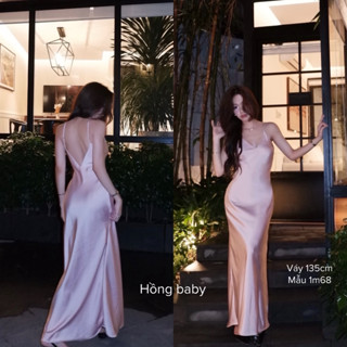 (Sẵn Kem, nâu choco, nâu khói, xanh xám, xanh mint) Đầm Lụa Cổ V Basic Dáng Dài Form Ôm Body Không Mút - Babiche