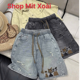   M1+M2+M3+M4  - Quần Jean NGỐ LỬNG Thêu hình CHÓ MÈO và CHỮ  Bé Gái Cao Cấp  18–60kg  