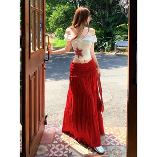 SẴN - Set Áo Trễ Vai Trắng In Hoa Kèm Chân Váy Xoè Dài Đi Biển Cực Xinh Thời Trang Sexy Nữ Tính