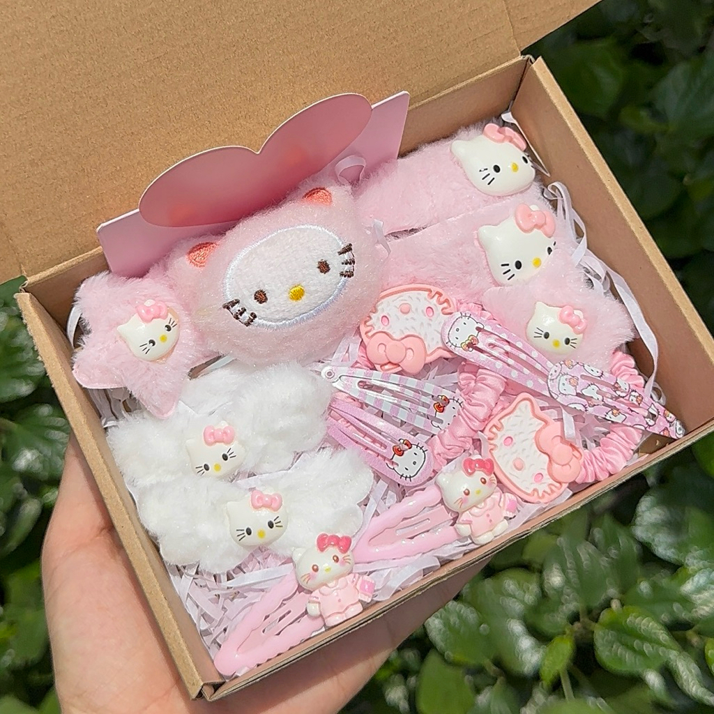 Hộp quà tặng 15 kẹp tóc hello kitty màu hồng dễ thương tặng bạn nữ bé gái.