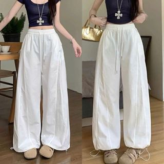 Quần Dù Gió Nhăn Ống Suông Rộng, Dây Rút Eo Và Ống Quần Có Khóa Kéo